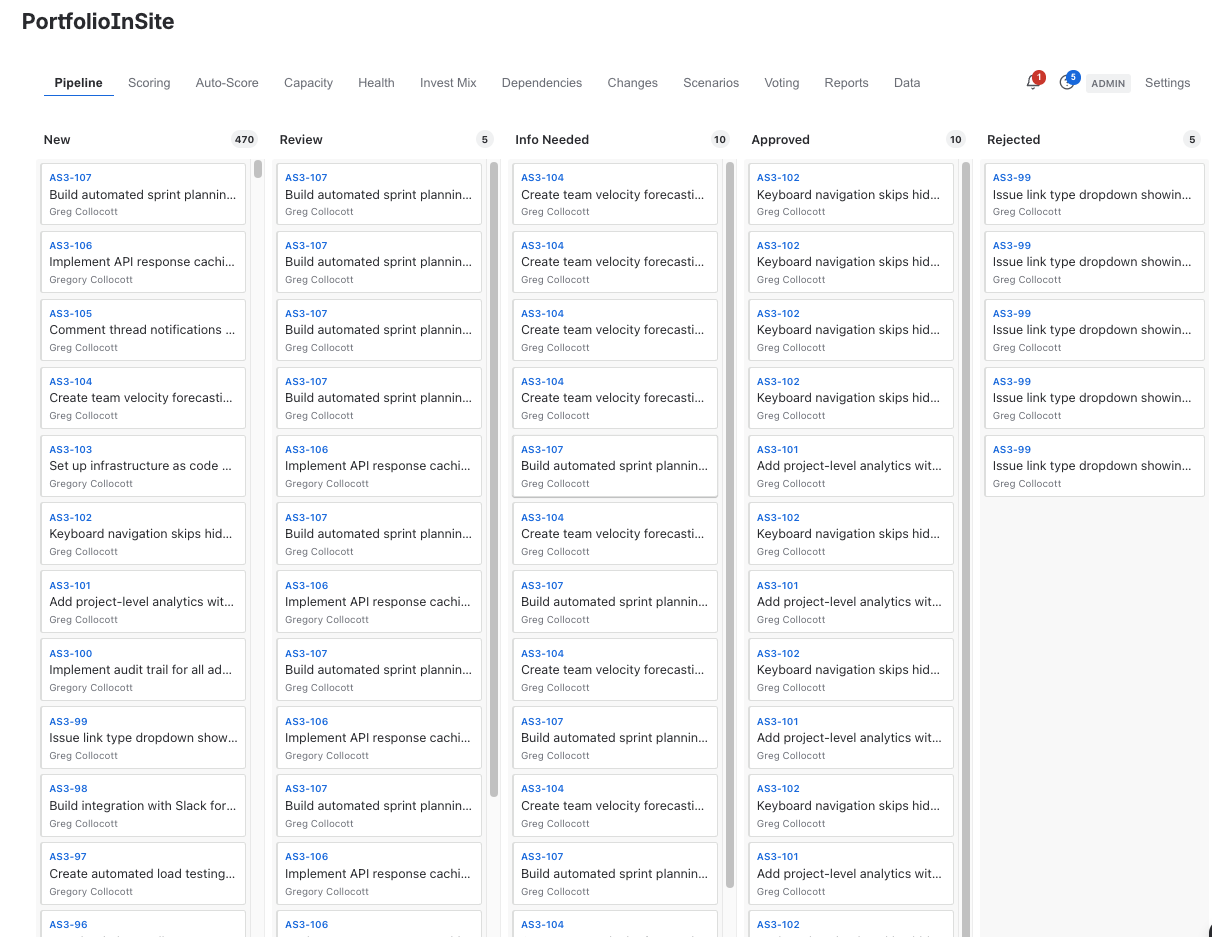 PortfolioInSite demand intake pipeline with 5-stage Kanban and drag-and-drop triage