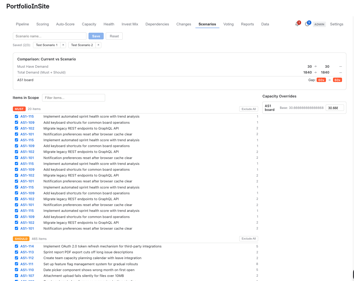PortfolioInSite scenario modelling with what-if analysis and side-by-side comparison
