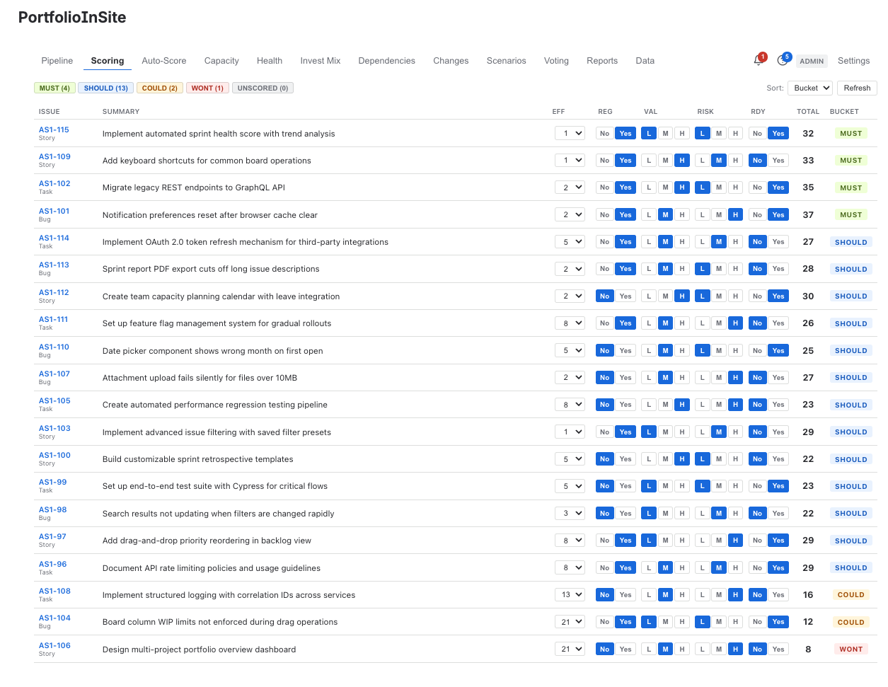 PortfolioInSite module settings showing 19 governance modules inside Jira Cloud